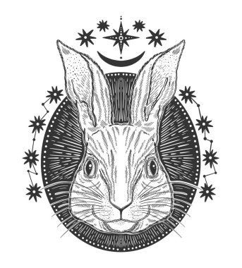 Tavşan sihirli çizgisi. Beyaz arka planda siyah çizgi. Klasik dövme..