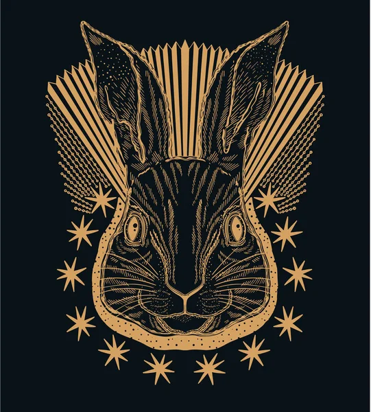 Linea di disegno magico animale coniglio. Linea oro in sfondo nero. Tatuaggio in stile vintage . — Vettoriale Stock