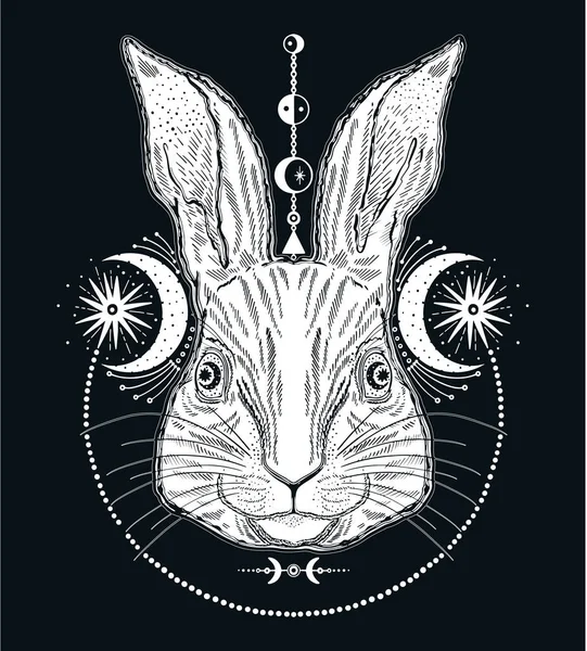 ウサギの動物の魔法の図面ライン。ヴィンテージスタイルの入れ墨. — ストックベクタ