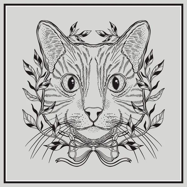 Mystische Zauberkatze. Portrait Gesicht Kopf von Hand gezeichnet vintage style.Line Kunst Tuschmalerei. Grafik-Design Tätowierung. — Stockvektor