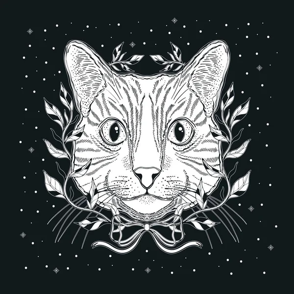 Mistik sihirli kedi. Portre yüzü baş çizimi. Resim çizimi. Grafik tasarım dövmesi.. — Stok Vektör