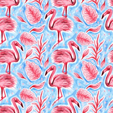 Kusursuz desenli flamingo tropik doğa. El çizimi boya. Parmak izi kumaşı..