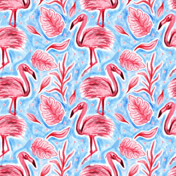 Bezszwowy Wzór Flamingo Tropikalnej Natury Ręcznie Rysowane Styl Farby Print — Zdjęcie stockowe