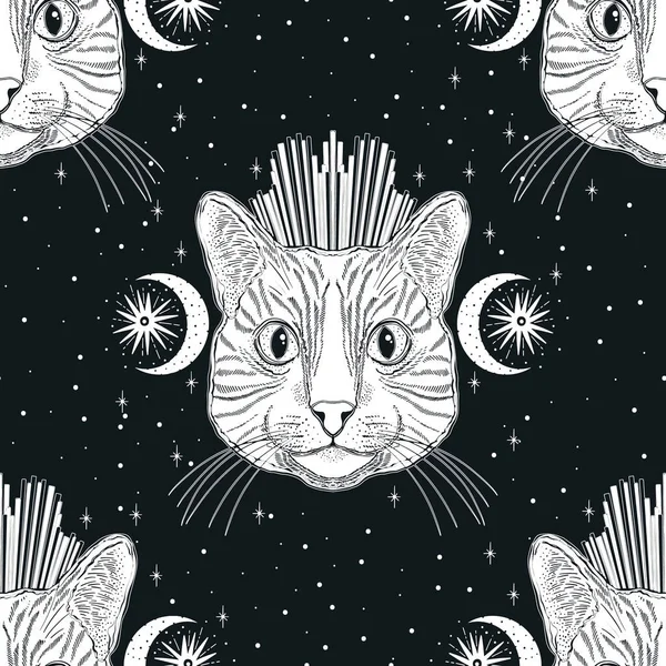 Sömlös Mönster Cat Mystic Magi Djur Porträtt Ansikte Huvud Hand — Stock vektor