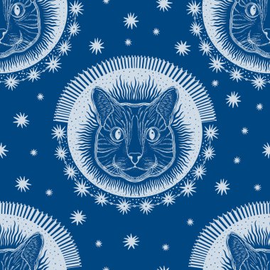 Kusursuz desenli kedi. Mistik sihirli hayvan. Portre yüzü baş çizimi. Resim çizimi. Vektör illüstrasyonu..