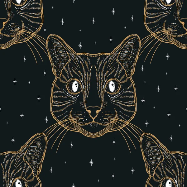 Modello senza cuciture cat.Mystic animale magico. Ritratto volto testa disegnato a mano stile vintage. . — Vettoriale Stock