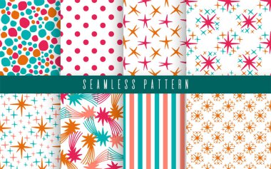 Kusursuz desenli parlak yıldız renk seti. Soyut baskı kumaş koleksiyonu. Vektör illüstrasyonu