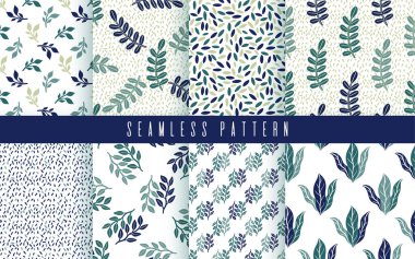 Kusursuz desenli yeşil bitki seti. Doğanın çiçekli süsü. Vektör illüstrasyonu