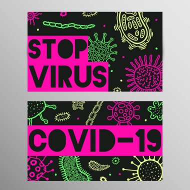 Coronovirus enfeksiyonu COVID-19 uyarı afişi. 20. yüzyıl salgını, hava yoluyla bulaşıyor. Vektör illüstrasyonu.