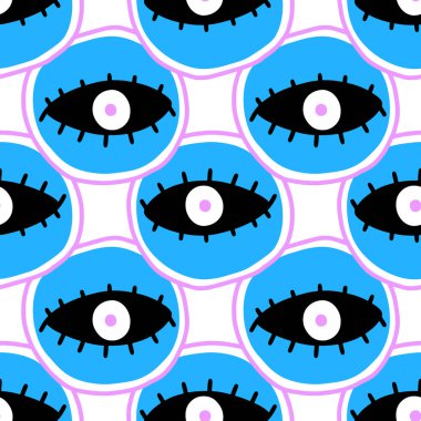 Pürüzsüz bir desen ve büyülü gözler. Mistik bir ikon el izi. Çizgi film tarzı, işaret dili, ilham verici göz. Vektör illüstrasyonu