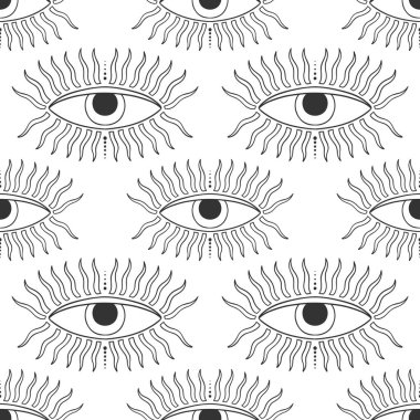 Pürüzsüz bir desen ve büyülü gözler. Mistik bir ikon el izi. Çizgi film tarzı, işaret dili, ilham verici göz. Vektör illüstrasyonu