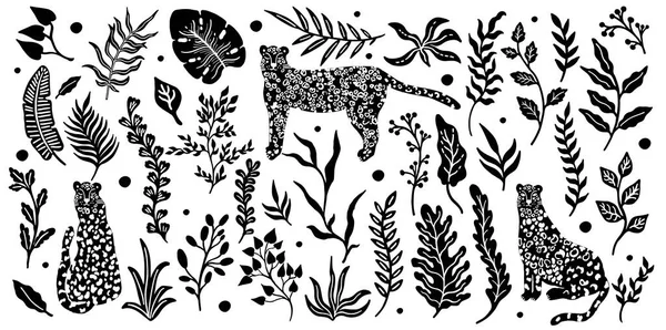 Conjunto Elementos Animales Leopardo Aislado Planta Tropical Deja Fondo Ilustración — Vector de stock