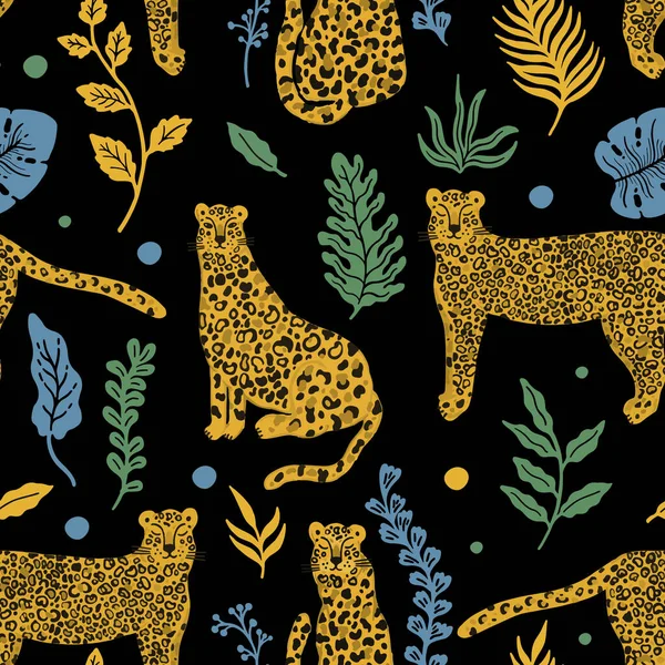 ヒョウ動物のシームレスなパターン 熱帯植物の葉の背景 — ストックベクタ