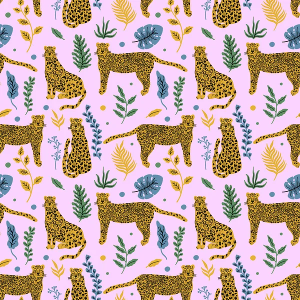 Leopard animal seamless pattern. Tropical plant leaves background. — Stock Vector