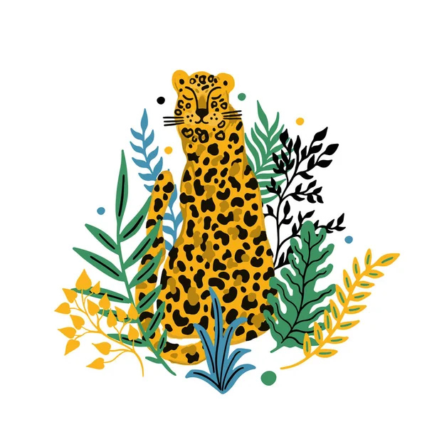 Nahtloses Leopardenmuster. Tropische Pflanze hinterlässt Hintergrund. — Stockvektor