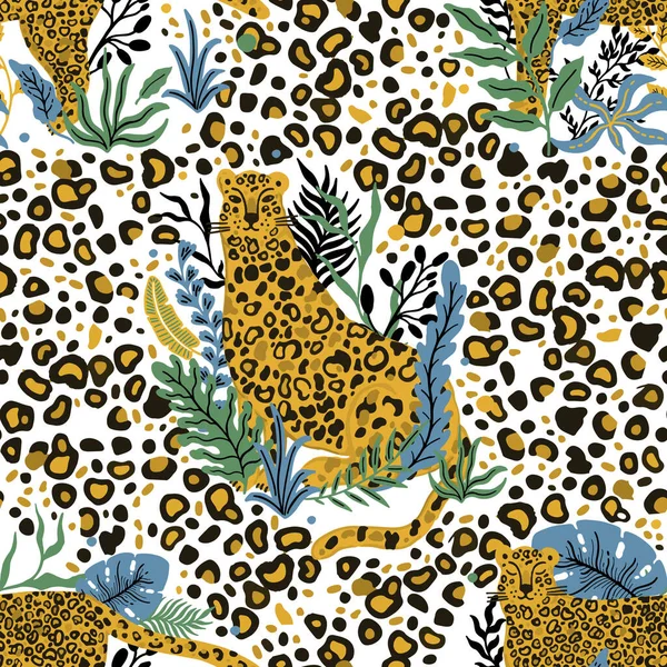 ヒョウ動物のシームレスなパターン 熱帯植物の葉の背景 — ストックベクタ