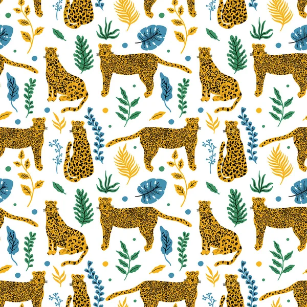 Leopard Animal Seamless Pattern Tropical Plant Leaves Background Vector Illustration — Stock Vector
