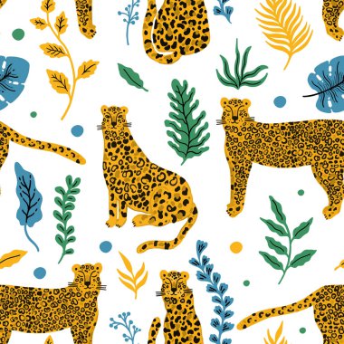 Leopar hayvan desenli. Tropik bitki arkaplandan ayrılıyor. Vektör illüstrasyonu.