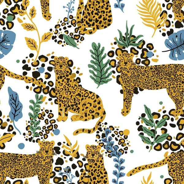 Leopard animal seamless pattern. Tropical plant leaves background. — Stock Vector
