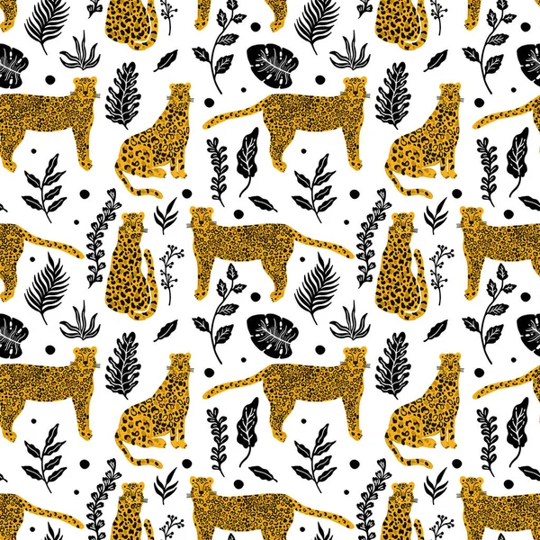 Leopard animal seamless pattern. Tropical plant leaves background. — Stock Vector