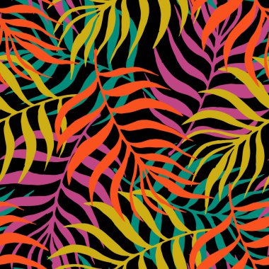  Kusursuz desenli tropikal bitki yaprağı seti. Botanik çiçek özgeçmişi. Ev dekorasyonu, kumaş, halı ve ambalaj için tasarlanmış. Vektör illüstrasyonu.