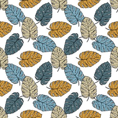 Kusursuz desenli tropikal bitki yaprağı seti. Botanik çiçek özgeçmişi. Ev dekorasyonu, kumaş, halı, ambalaj için tasarım..