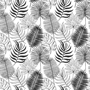  Kusursuz desenli tropikal bitki yaprağı seti. Botanik çiçek özgeçmişi. Ev dekorasyonu, kumaş, halı ve ambalaj için tasarlanmış. Vektör illüstrasyonu.