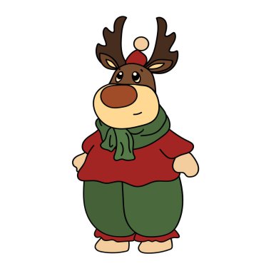 Noel Baba'nın geyiği Rudolf Noel Baba'nın takım elbiseli. Tebrik Noel kartı görüntü. Noel Reindeer Noel Baba'nın kırmızı şapka ve atkı. En az düz tarzı çizgi film karakteri. Mutlu Noeller ve mutlu yeni yıl tasarım
