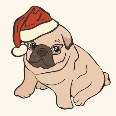 Noel Baba'nın şapkalı köpek pug vektör görüntüsü. Köpek Noel Baba'nın giysileri. Noel pug kartı. Komik pug köpek bir kırmızı Noel Baba'nın şapkalı. İzole çocuklar için şirin komik karakter. Basit en az tarzı.