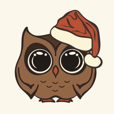 Vektör Noel baykuş. Neşeli Noel ve mutlu yeni yıl geleneksel tarzı. Tebrik kartı şirin baykuş Santa şapka ile. Kırmızı şapkalı komik şişman owlet. Basit minimal tasarım. Çocuklar için illüstrasyon
