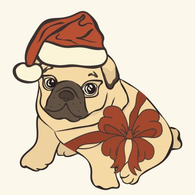Köpek pug kırmızı yay ile Noel Baba'nın şapkalı vektör görüntüsü. Noel pug kartı. Komik pug köpek bir kırmızı Noel Baba'nın şapkalı. İzole çocuklar için şirin komik karakter. Basit en az tarzı. Noel hediyesi