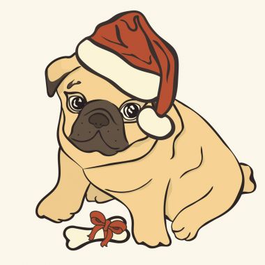 Köpek pug kemik hediye ile Noel Baba'nın şapkalı vektör görüntüsü. 2018 yıl için Noel pug kartı. Komik sarı pug köpek bir kırmızı Noel Baba'nın şapkalı. İzole çocuklar için şirin komik karakter. Noel hediyesi