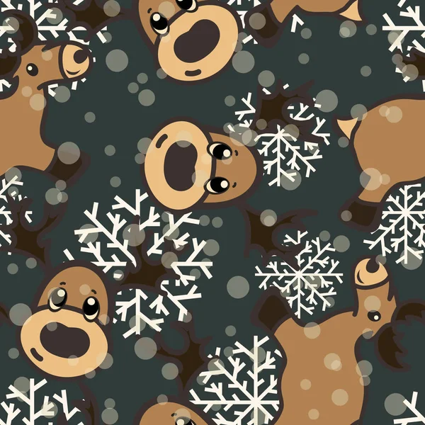 Santa's deer: pattern reindeer and head of deer, Christmas tree decoration vector seamless pattern isolated on dark.  Lovely simple children's toy. Christmas Happy New Year design, flat style.