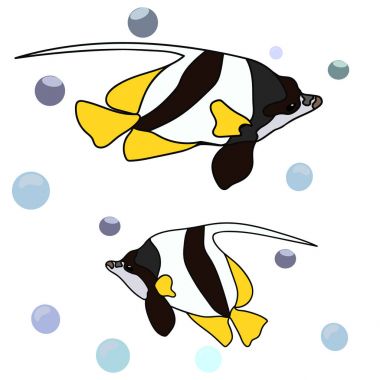 Heniochus, butterflyfishes görüntü üzerinde beyaz izole minimal tarzda vektör. Sihirli sualtı dünyası (Heniochus diphreutes). Okyanus sakinleri, balıklar deniz düz tarzı tabi. Deniz akvaryum balık.