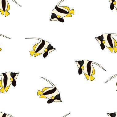 Heniochus, butterflyfishes vector seamless pattern in minimal style. Small fishes isolated on white background. Pattern for oceanarium, fish restaurant, decoration. Magic underwater world, diphreutes clipart