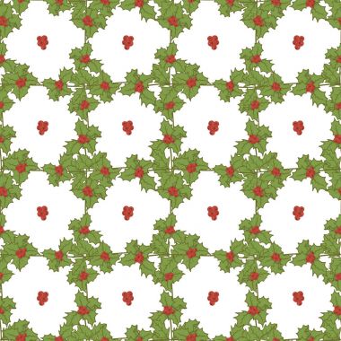 Ökse otu dalları beyaz desen vektör. Yeşil holly kırmızı meyveler, Noel Konu bırakır. Yeni yıl süslemeleri için seamless modeli. Neşeli Noel ve mutlu yeni yıl geleneksel tarzı.
