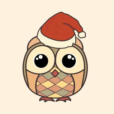 Noel Baba'nın kap ile baykuş. Noel ve yeni yıl baykuş basit minimal tasarım. Baykuş karikatür tarzı üzerinde Santa Claus şapka görüntüsüyle. Şişman eğlenceli owlet Noel tebrik kartı görüntü. Etkileyici gözlü baykuş.