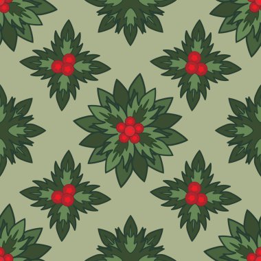 Noel seamless modeli vintage tarzı. Ökse otu vektör desen üzerinde yeşil arka plan izole. Yeni yıl dekorasyon desen. Noel şirin tasarımı kırmızı ve yeşil renklerde. Noel ruh hali, holly.