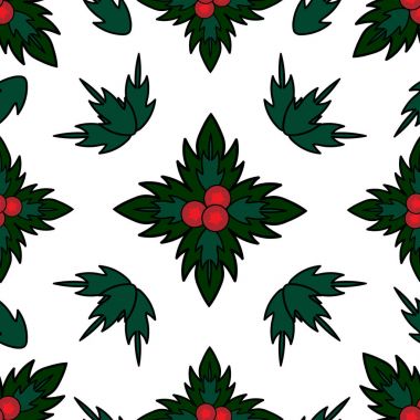 Noel seamless modeli vintage tarzı. Ökse otu vektör desen beyaz arka plan üzerinde izole. Yeni yıl dekorasyon desen. Noel şirin tasarımı kırmızı ve yeşil renklerde. Noel ruh hali, holly.
