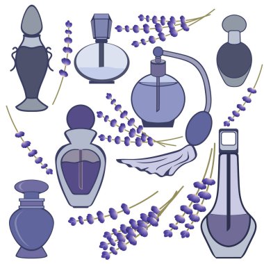 Farklı bir parfüm şişeleri vektör çizim türü. Beyaz arka plan üzerinde izole lavanta aroması ile parfüm koleksiyonu. Provencal tarzı. Parfüm Icon set. Logo kadın parfüm, anahat şişe