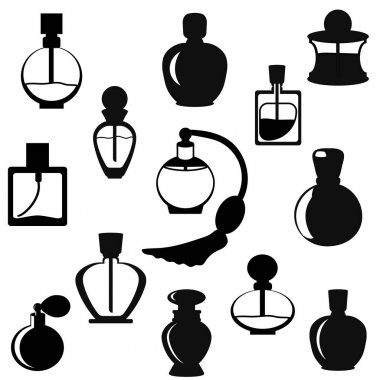 Vektör parfüm Icon set. Logo kadın parfüm. Beyaz arka plan üzerinde izole conjoint parfüm görüntü. Trendy yazdırma. Moda ve stil. Çeşitli tip Kozmetik Şişeler.