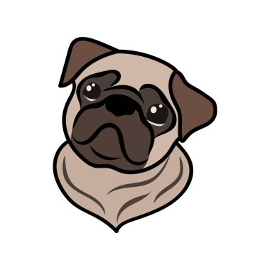 Şirin pug vektör işareti. Vektör elle çizilmiş karikatür illüstrasyon izole beyaz arka plan üzerinde. Çocuklar için köpek yavrusu illüstrasyon. Pug köpek doğurmak görüntü en az tarzı. Düz stil küçük köpek yüzünden. Evde beslenen hayvan tasarımı için yazdırma. Hayvan rozet sanat.