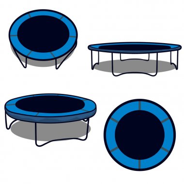 Jumping trampoline vector realistic icon set. Indoor or outdoor fitness jumping. Open trampoline for games and entertainments in flat style. Isolated on white trampoline different view.  clipart