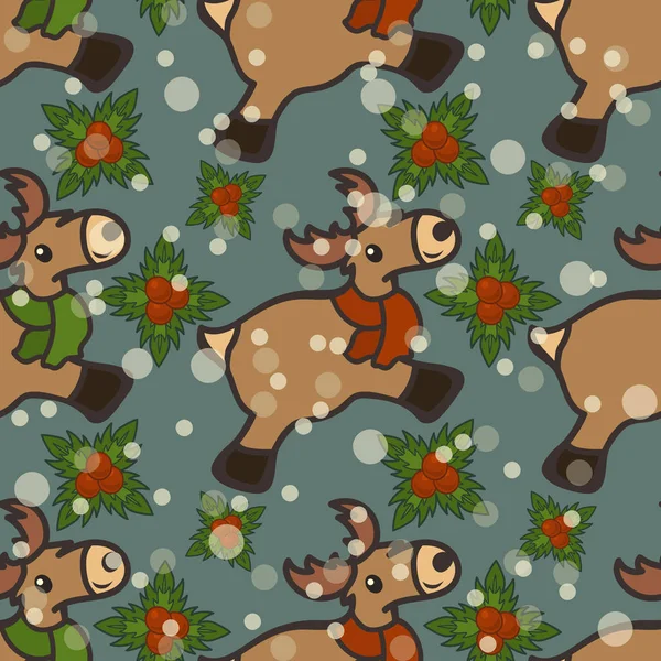 Toy reindeer with scarf, Christmas decoration vector seamless pattern isolated on dark. Old wooden toy in form of deer. Lovely simple children's toy. Christmas Happy New Year design, flat style, holly