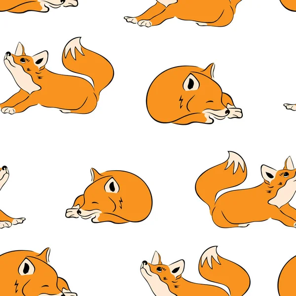 Funny fox seamless pattern isolated on white background. Vector decorative pattern. Simple design in flat style. Animal hand drawn cartoon image. Endless pattern. Template or print for textile. 