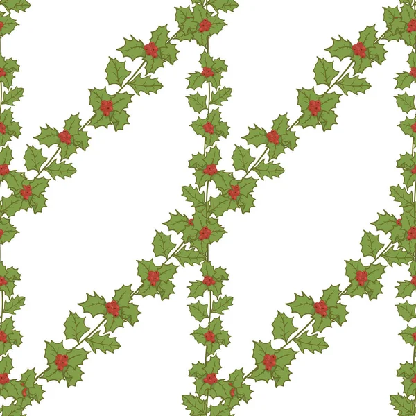 Mistelzweige Vektormuster Auf Weiß Grüne Stechpalmenblätter Mit Roten Beeren Weihnachtsthema — Stockvektor