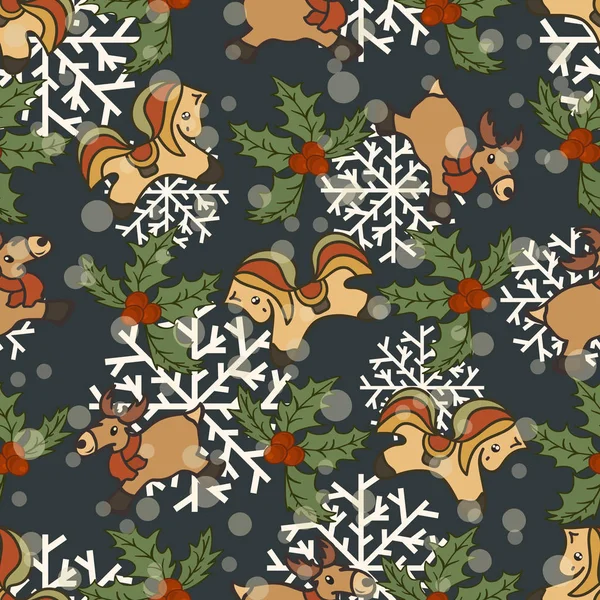 ホリー クリスマス ベクトル パターン スカーフと雪の結晶を暗い背景に分離された馬のおもちゃトナカイ メリー クリスマスと幸せな新年のデザイン 印刷用シームレス パターン — ストックベクタ