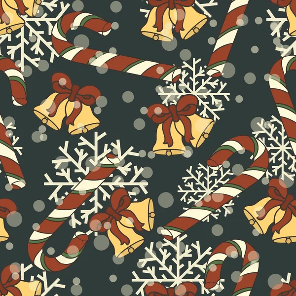 Navidad Campanas Jingle Bastones Caramelo Vector Patrón Sin Costuras Feliz — Archivo Imágenes Vectoriales