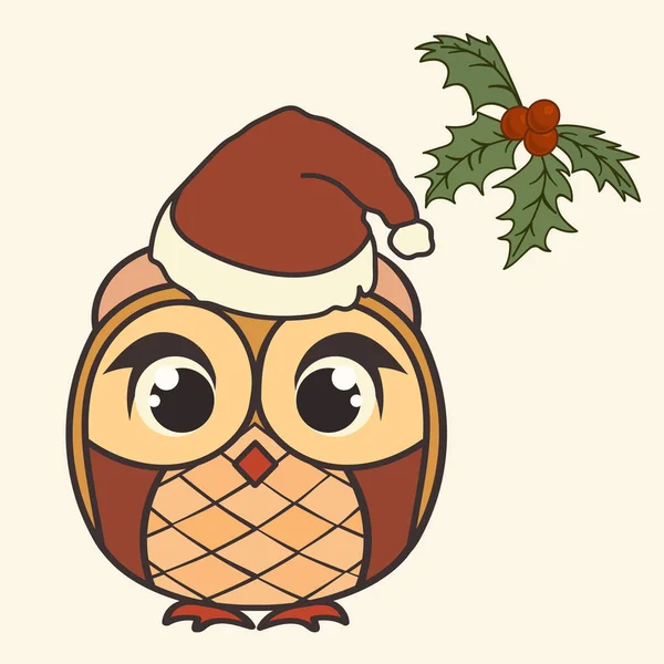 Noel Baba'nın kap ile baykuş. Noel ve yeni yıl baykuş basit minimal tasarım. Baykuş karikatür tarzı üzerinde Santa Claus şapka görüntüsüyle. Şişman eğlenceli owlet Noel tebrik kartı görüntü. Etkileyici gözlü baykuş.