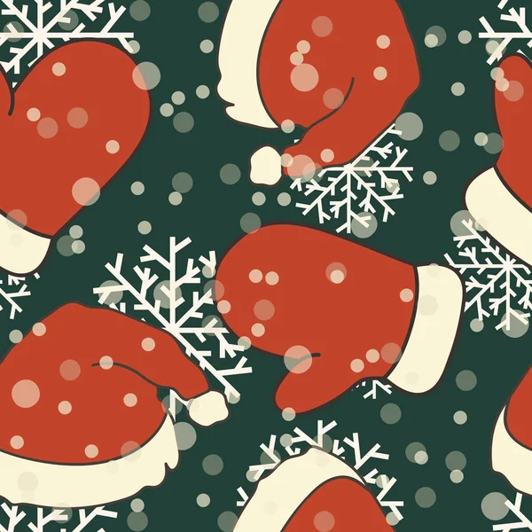 サンタさんの帽子とミトン 緑の背景にクリスマスのシームレスなパターン メリー クリスマスと幸せな新年のデザイン クリスマス パターン印刷 テクスチャ ラッパー サンタさんの服フラット スタイル — ストックベクタ